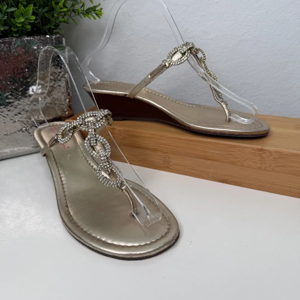Lilly‎ Pulitzer Wedge Sandals Womens Gold Rhinestone Chain Resort Glam Size 6